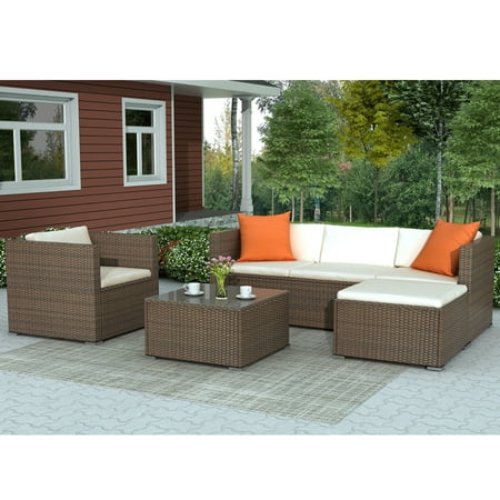 Clearance! Rattan Wicker Sectional Sofa Set, Clearance Outdoor Patio Furniture Set, Cushioned Patio Sectional Sofa with Coffee Table, Patio Conversation Set for Backyard Lawn Poolside Garden, W10806