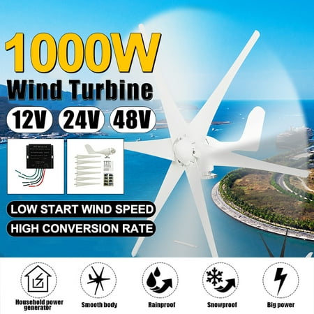 1000W Wind Turbine Generator 6 White Blades DC 12V/24/48V Windmill Strong Power Battery Charge Powered Electric Aerogenerator Green Energy Generating +Controller