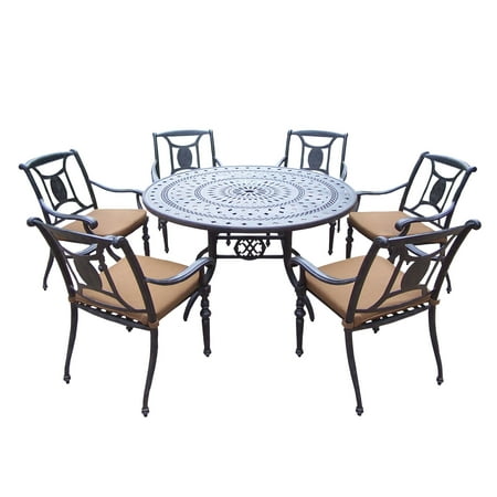 7-Piece Aged Black Finish Aluminum Outdoor Furniture Patio Dining Set - Tan Cushions