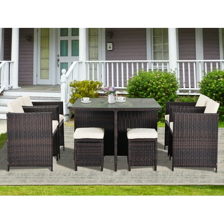 9 PCS Indoor Outdoor Wicker Dining Set Furniture, Patio Rattan Furniture Set with Glass Table and Stackable Armrest Chairs, All Weather Wicker Sectional Conversation Set with Cushions, B211