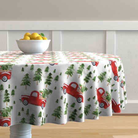 Round Tablecloth Vintage Christmas Red Truck Trees Dog Tree Winter Cotton Sateen