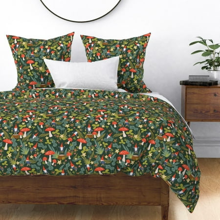 Woodland Red Mushroom Garden Gnome Summer Floral Sateen Duvet Cover by Roostery