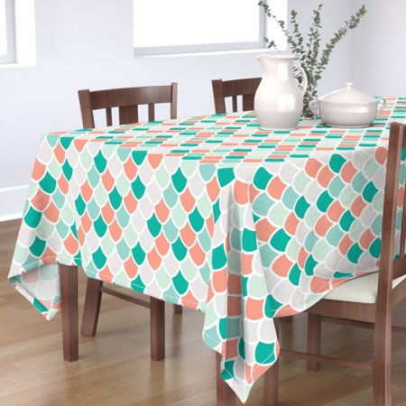 Tablecloth Mermaid Scales Fish Scalloped Coral Teal Scallops Cotton Sateen