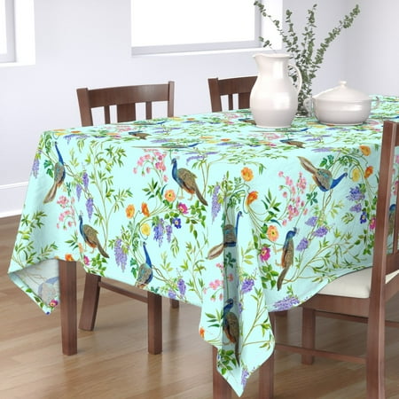 Tablecloth Chinoiserie Peacocks Peacock Bird Floral Flower Spring Cotton Sateen