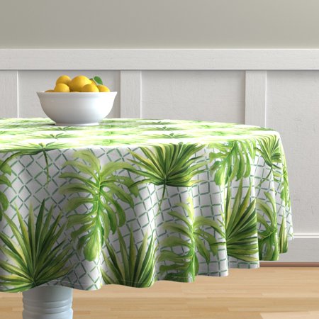 Round Tablecloth Jungle Palms Tropical Botanical Greenery Trellis Cotton Sateen