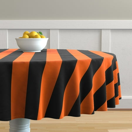 Round Tablecloth Stripes Lines Orange Black Halloween Awning Cotton Sateen