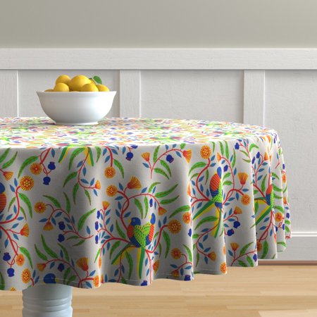 Round Tablecloth Tropical Bird Floral Botanical Animal Parrots Cotton Sateen