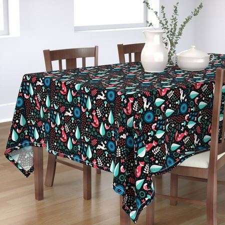 Tablecloth Folk Fox Scandinavian Mod Woodland Bird Floral Swedish Cotton Sateen