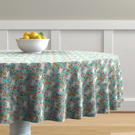 Round Tablecloth Corgi Pet Dog Corgis Dogs Flowers Wedding Floral Cotton Sateen