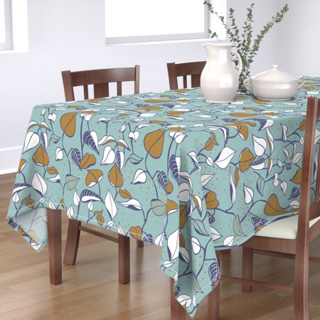 Tablecloth Botanical Autumn Teal Nature Vines Leaves Gold Polka Cotton Sateen