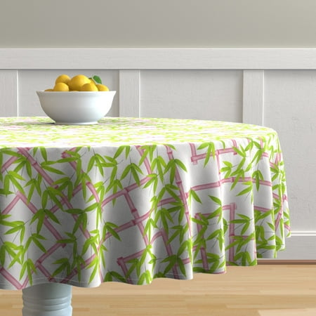 Round Tablecloth Bamboo Trellis Leaves Chinoiserie Pink Chartreuse Cotton Sateen