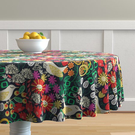 Round Tablecloth Birds Colorful Geometric Mcm Spring Garden Blooms Cotton Sateen