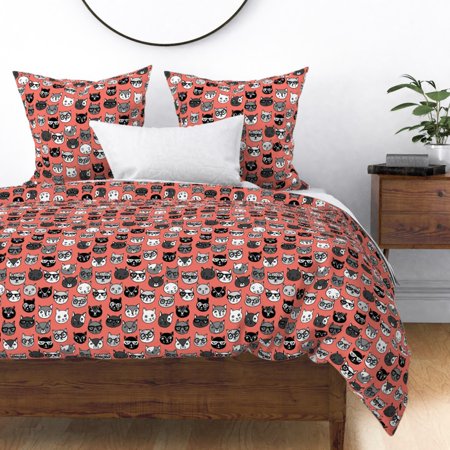 Cats Glasses Cat Coral Cat Cat Faces Sateen Duvet Cover by Roostery