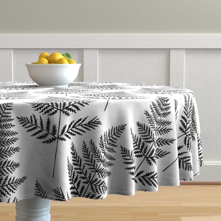 Round Tablecloth Fern Botanical Plant Foliage Black And White Leaf Cotton Sateen