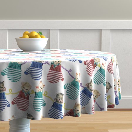 Round Tablecloth Kittens Mittens Kittens In Mittens Playful Fun Cotton Sateen