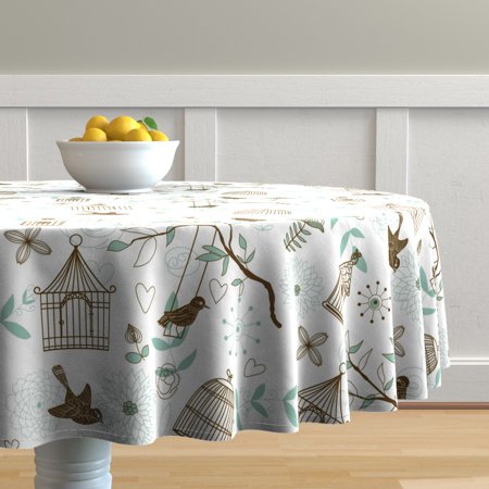 Round Tablecloth Animal Nature Bird Floral Tree And Leaves Spring Cotton Sateen