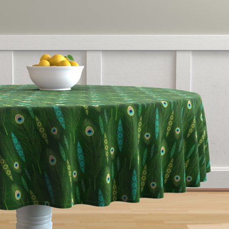 Round Tablecloth Peacock Feather Persian Green Texture Ornament Cotton Sateen