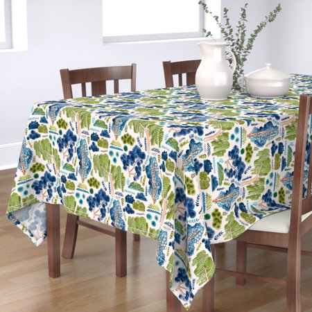 Tablecloth Cream Blue Green Navy Trees Leaves Nature Cotton Sateen