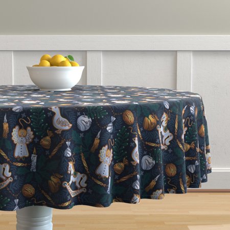 Round Tablecloth Holiday Rocking Horse Blue Christmas Holidays Cotton Sateen