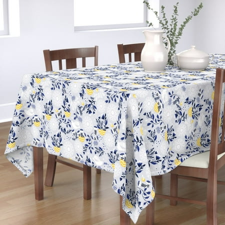 Tablecloth Winter Mod Botanical Blue Yellow Leaves Plants Bird Cotton Sateen