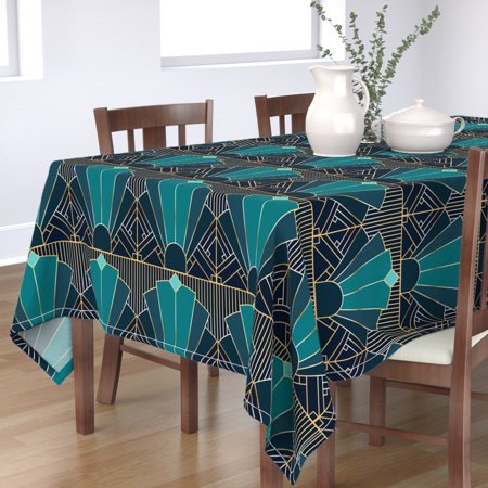 Tablecloth Art Deco 1920 Teal Navy 1920S Geometric Tile Cotton Sateen