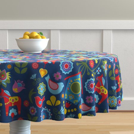 Round Tablecloth Scandi Mod Birdhouse Folk Art Floral Bird Flowers Cotton Sateen