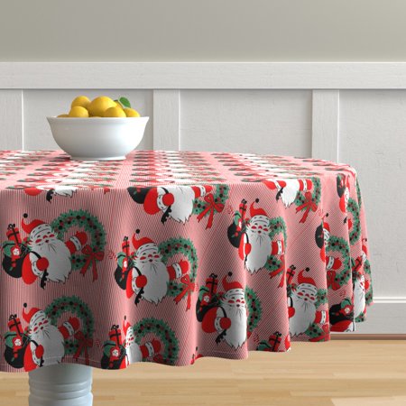 Round Tablecloth Santa Claus Merry Christmas Mistletoe Wreaths Cotton Sateen