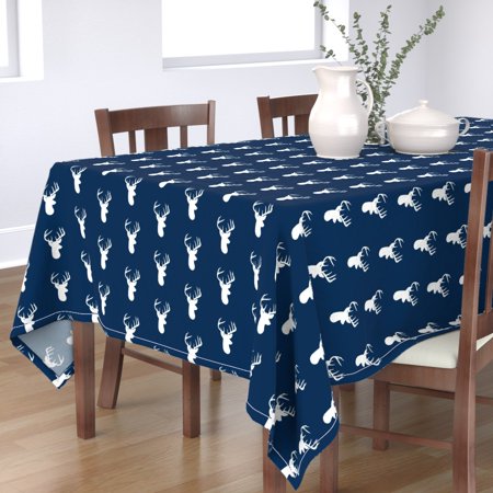 Tablecloth White On Navy Deer Head Woodland Nursery Decor Hunting Cotton Sateen