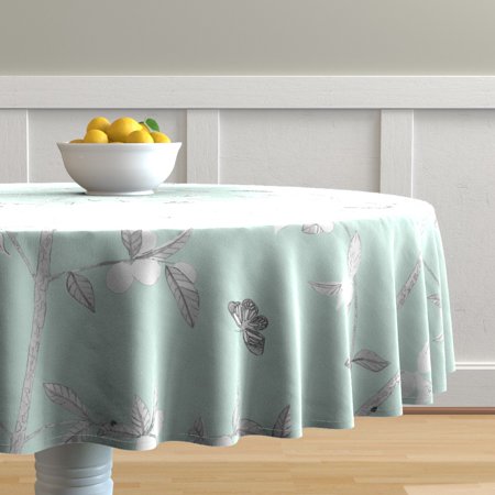 Round Tablecloth Blue Chinoiserie Aqua Garden Bird Fruit Tree Cotton Sateen