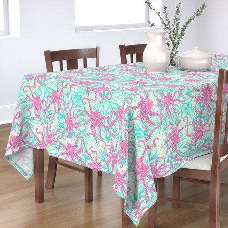 Tablecloth Ocean Octopus Illustration Preppy Pink And Blue Beach Cotton Sateen