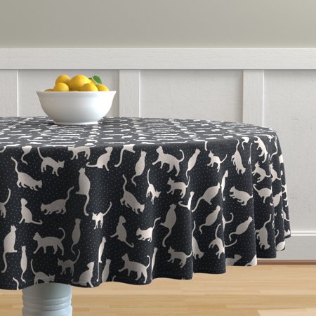 Round Tablecloth Kitten Polka Dot Baby Nursery Cat Animal Meow Cotton Sateen