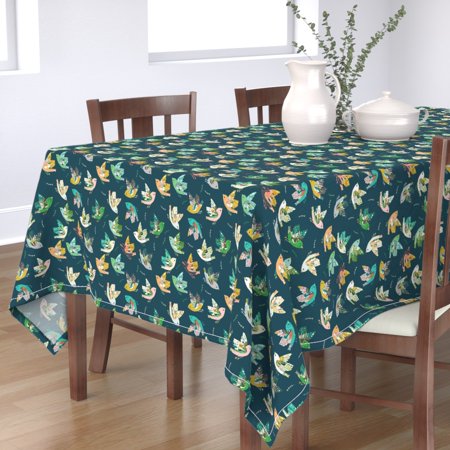 Tablecloth Folk Birds At Night Blue Bird Turquoise Cotton Sateen