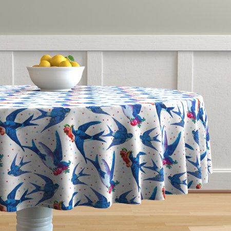 Round Tablecloth Bluebirds Sparrows Bird Animal Birds Blue And Cotton Sateen