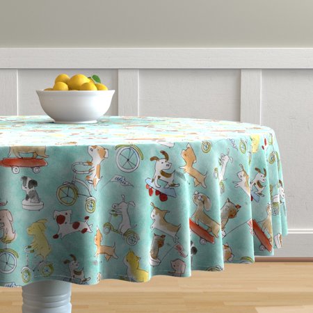 Round Tablecloth Dog Puppy Pup Pet Animal Blue Doggy Skateboard Cotton Sateen