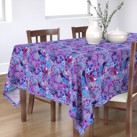 Tablecloth Birds Spring Floral Chinoiserie Purple Psychedelic Cotton Sateen