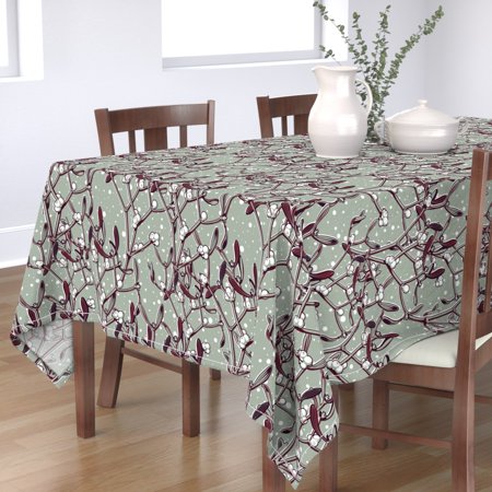 Tablecloth Snowy Mistletoe Christmas Winter Snow Branches Leaves Cotton Sateen