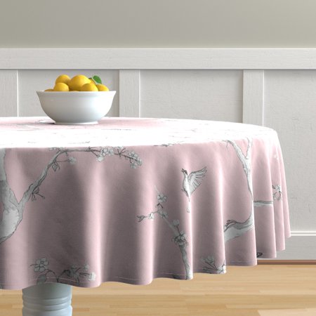 Round Tablecloth Chinoiserie Baby Pink Flower Tree Bird Butterfly Cotton Sateen