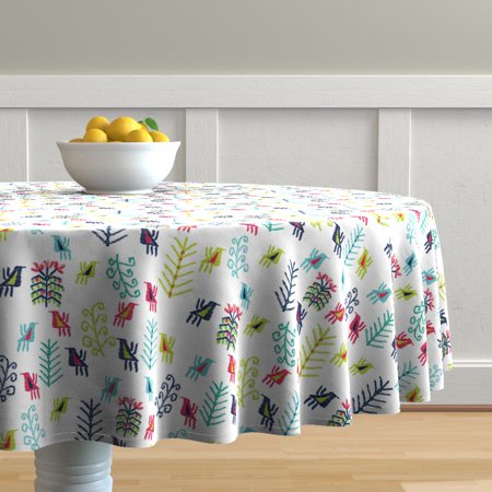 Round Tablecloth Bird Kilim Tropical Hummingbird Fruit Tree Exotic Cotton Sateen