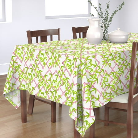 Tablecloth Bamboo Trellis Leaves Chinoiserie Pink Chartreuse Cotton Sateen