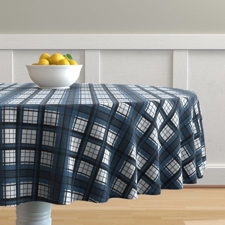 Round Tablecloth Plaid Tartan Holiday Chanukah Hanukkah Blue And Cotton Sateen