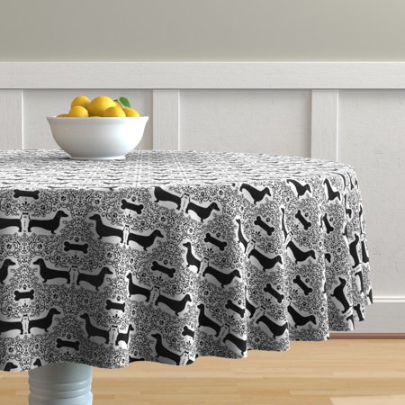 Round Tablecloth Dog Puppy Dachshund Doxie Black And White Damask Cotton Sateen