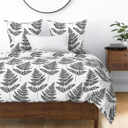 Fern Botanical Plant Foliage Black And White Leaf Sateen Duvet Cover by Roostery