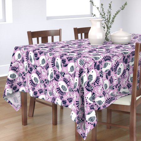 Tablecloth Birds Orchid And Navy Folk Scandinavian Mod Bird Floral Cotton Sateen