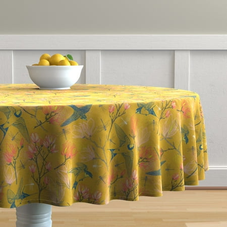 Round Tablecloth Bird Floral Animals Spring Dragonflies Nature Cotton Sateen