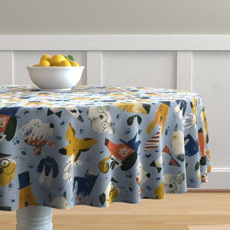 Round Tablecloth Fancy Dogs Bulldog In Hats Doggy Pet Puppy Funny Cotton Sateen