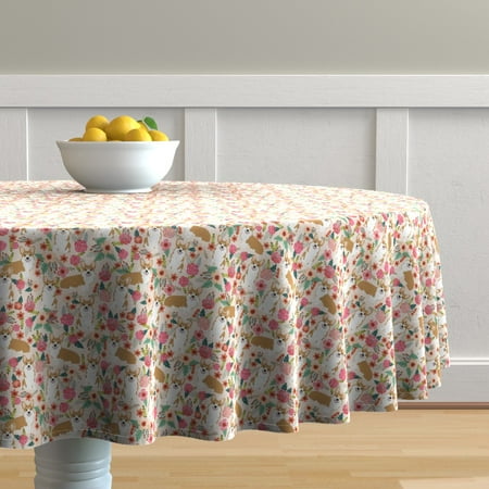 Round Tablecloth Corgi Dog Flowers Florals Spring Pet Corgis Cotton Sateen