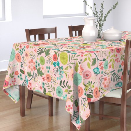 Tablecloth Modern Floral Flowers Garden Spring Blooms Pink Cotton Sateen