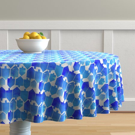 Round Tablecloth Blue Dreidel Watercolor Holiday Hanukkah Chanukah Cotton Sateen