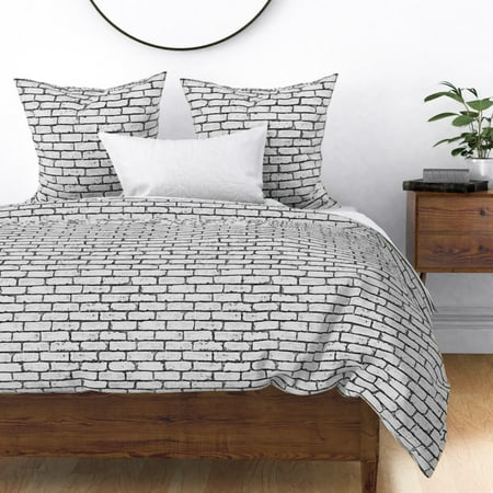 Monochrome Bricks Wall Geometric Rocks Stone Sateen Duvet Cover by Roostery