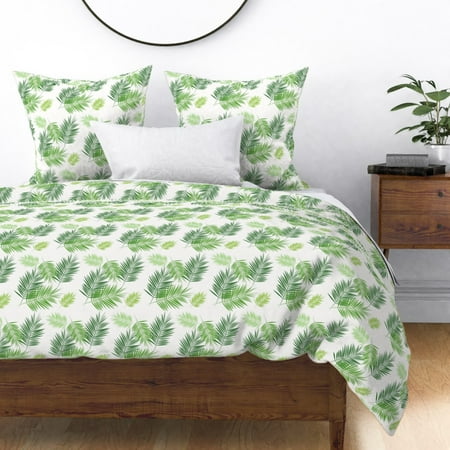 Palm Leaf Tree Green Tropical Plant Leaves Sateen Duvet Cover by Roostery